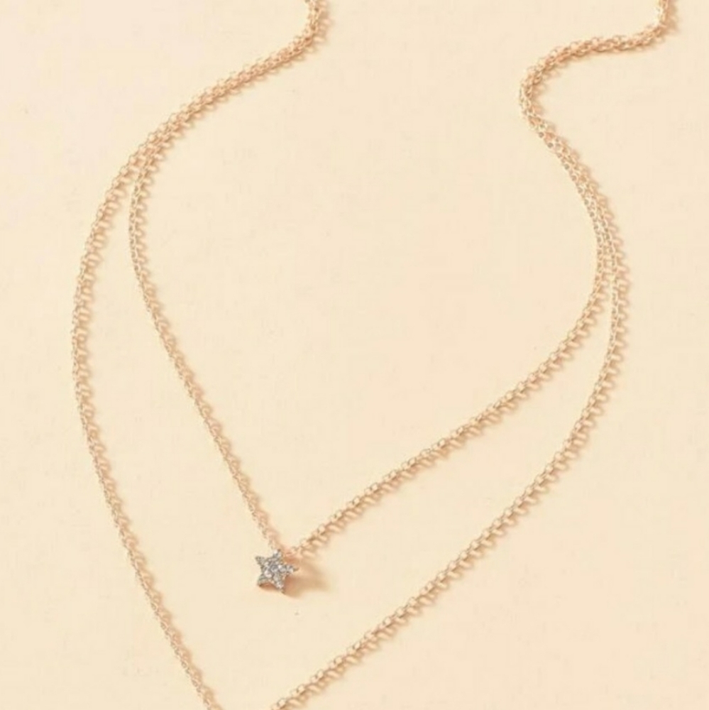 Gold Layered Necklace with Rhinestone Star and Moon - Picture 4 of 4